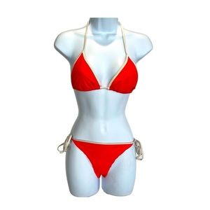 Surf Style Bikini Set Neon Orange Pink Ties at Sides, Neckline and Back …